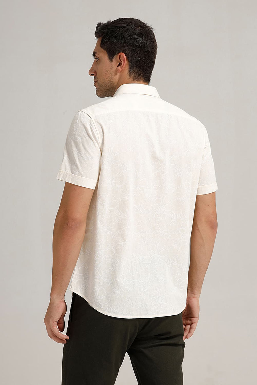 BASICS SLIM FIT YELLOW SEED PEARL COTTON LINEN PRINTED HALFSLEEVES SHIRT
