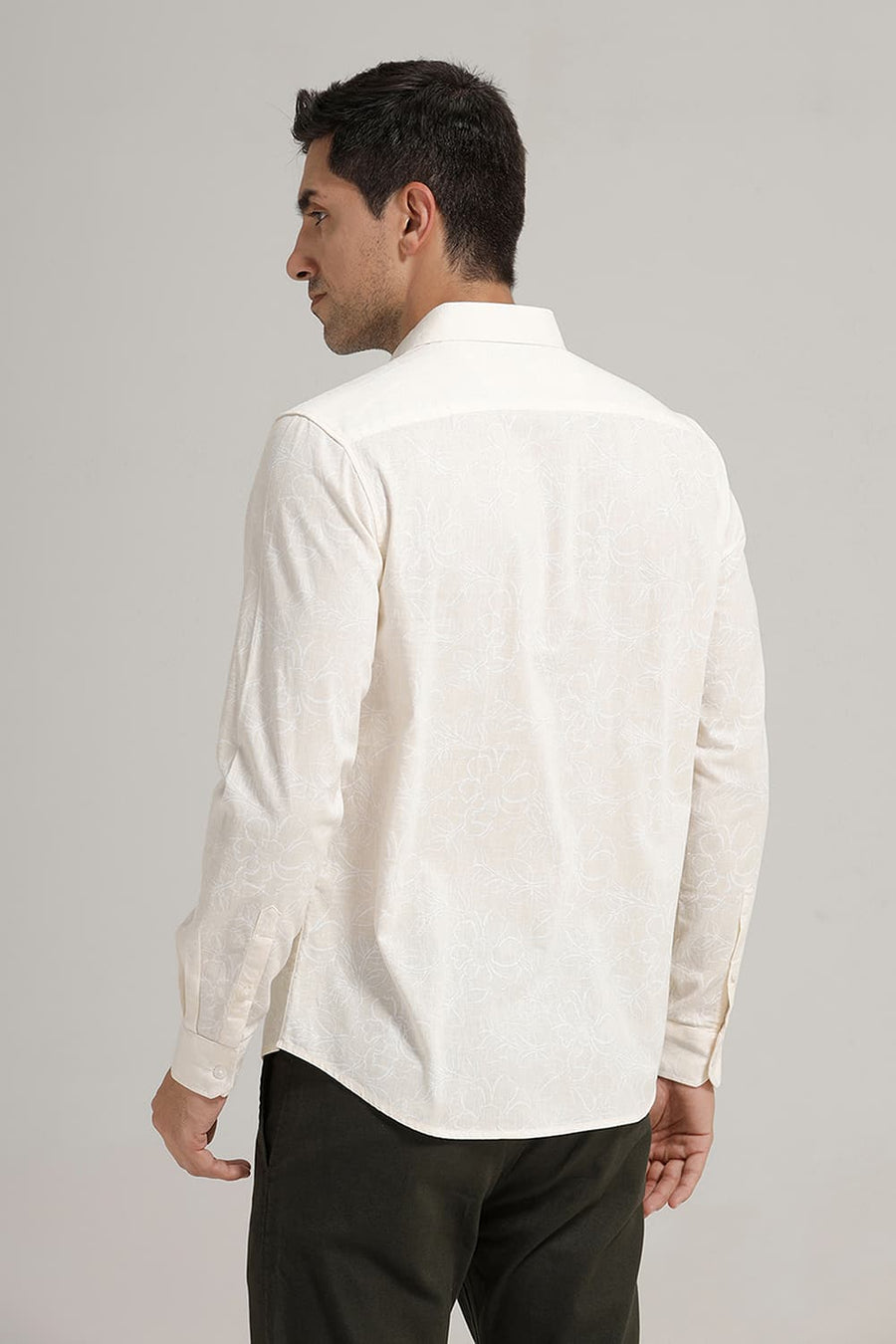 BASICS SLIM FIT YELLOW SEED PEARL COTTON LINEN PRINTED SHIRT