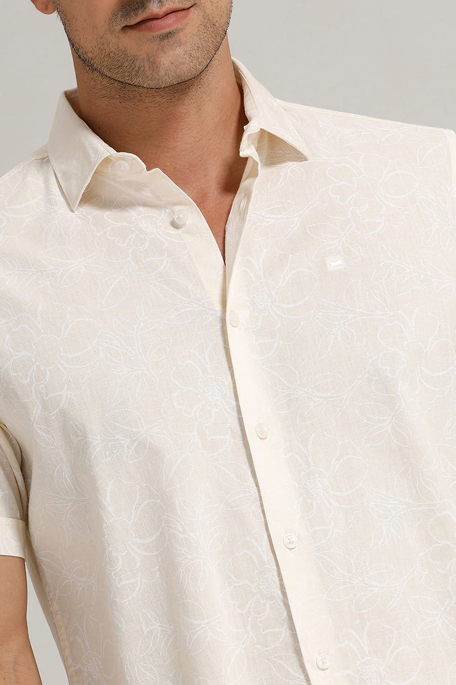 BASICS SLIM FIT YELLOW SEED PEARL COTTON LINEN PRINTED HALFSLEEVES SHIRT