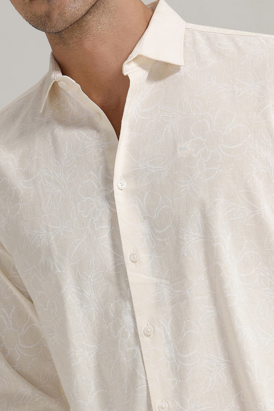 BASICS SLIM FIT YELLOW SEED PEARL COTTON LINEN PRINTED SHIRT