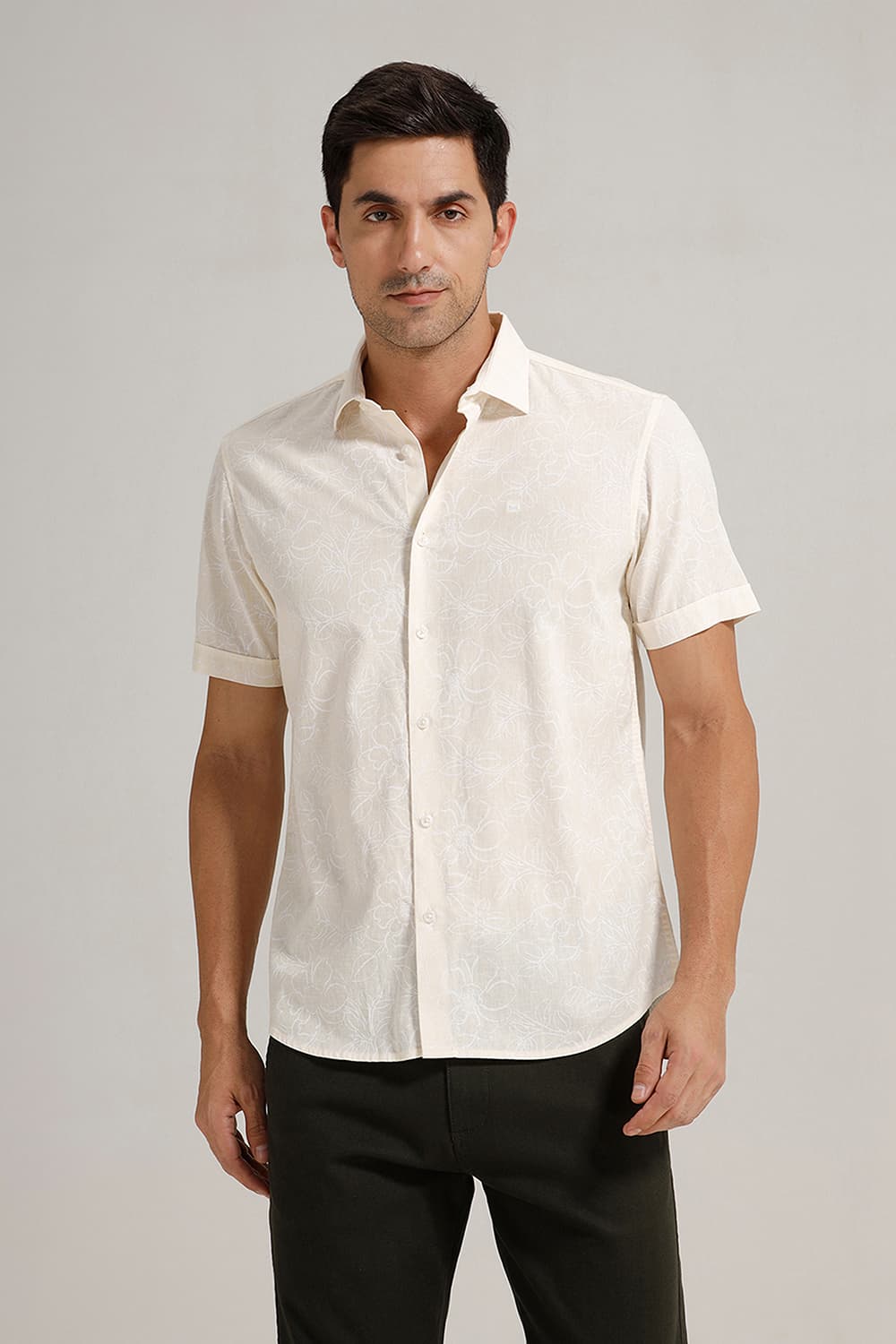 SLIM FIT COTTON LINEN PRINTED HALFSLEEVES SHIRT