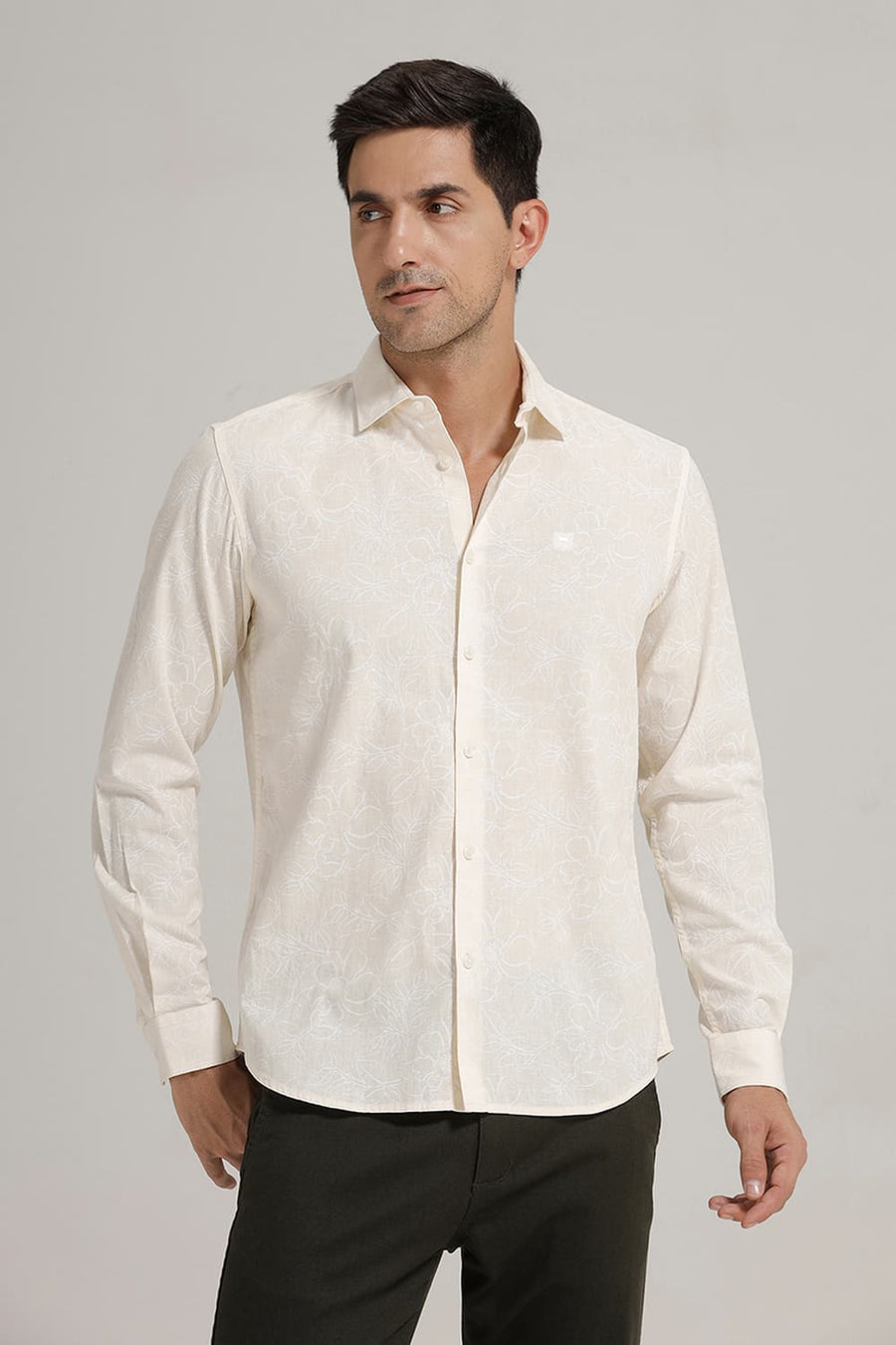 BASICS SLIM FIT YELLOW SEED PEARL COTTON LINEN PRINTED SHIRT