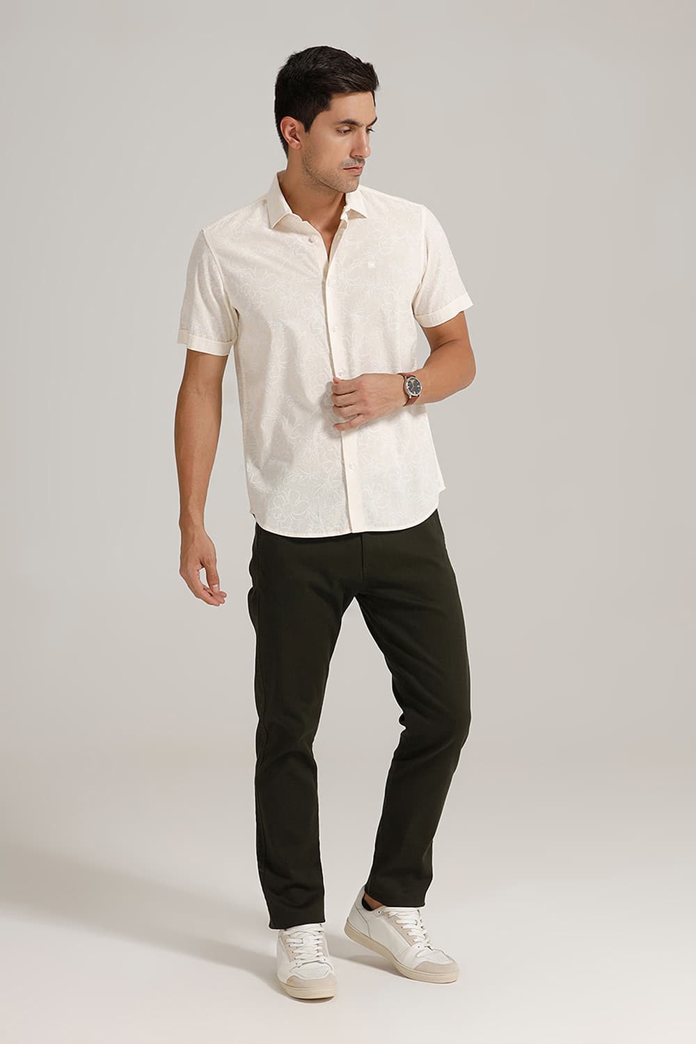 SLIM FIT COTTON LINEN PRINTED HALFSLEEVES SHIRT