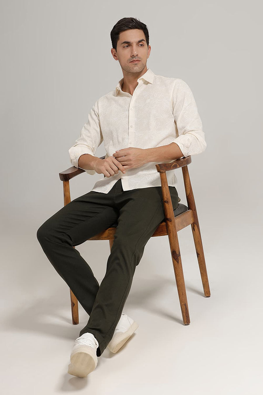 BASICS SLIM FIT YELLOW SEED PEARL COTTON LINEN PRINTED SHIRT