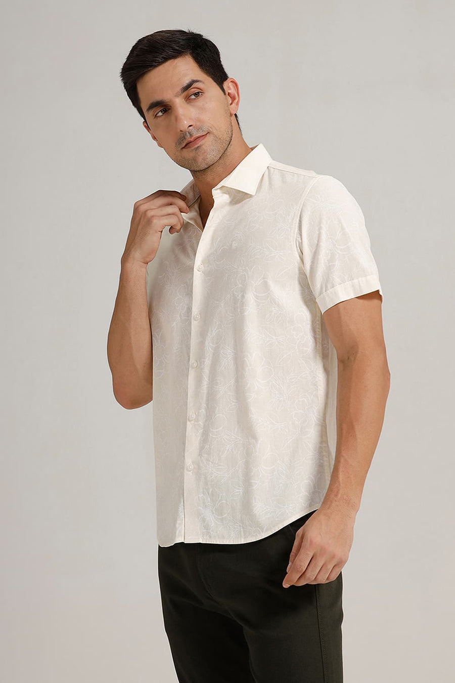 BASICS SLIM FIT YELLOW SEED PEARL COTTON LINEN PRINTED HALFSLEEVES SHIRT