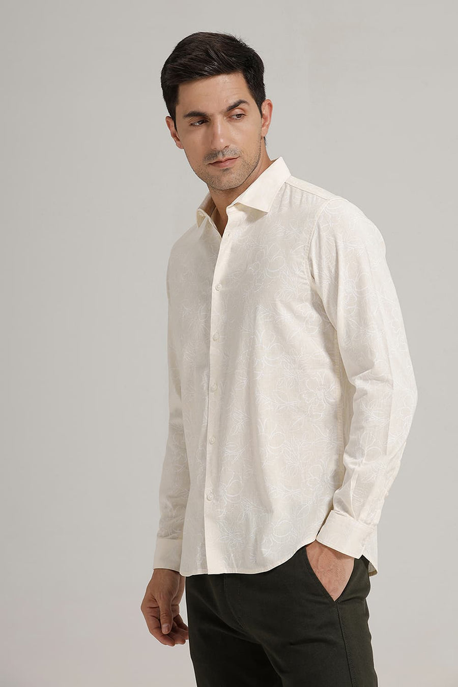 BASICS SLIM FIT YELLOW SEED PEARL COTTON LINEN PRINTED SHIRT