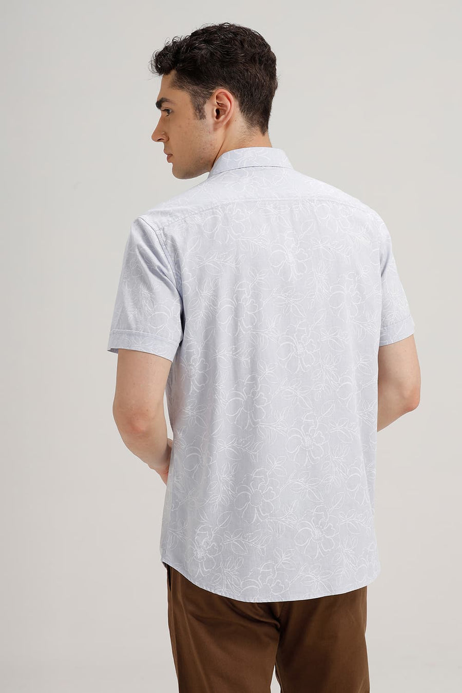 BASICS SLIM FIT ANCIENT BLUE COTTON LINEN PRINTED HALFSLEEVES SHIRT
