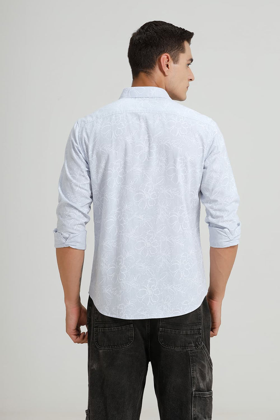 BASICS SLIM FIT ANCIENT BLUE COTTON LINEN PRINTED SHIRT