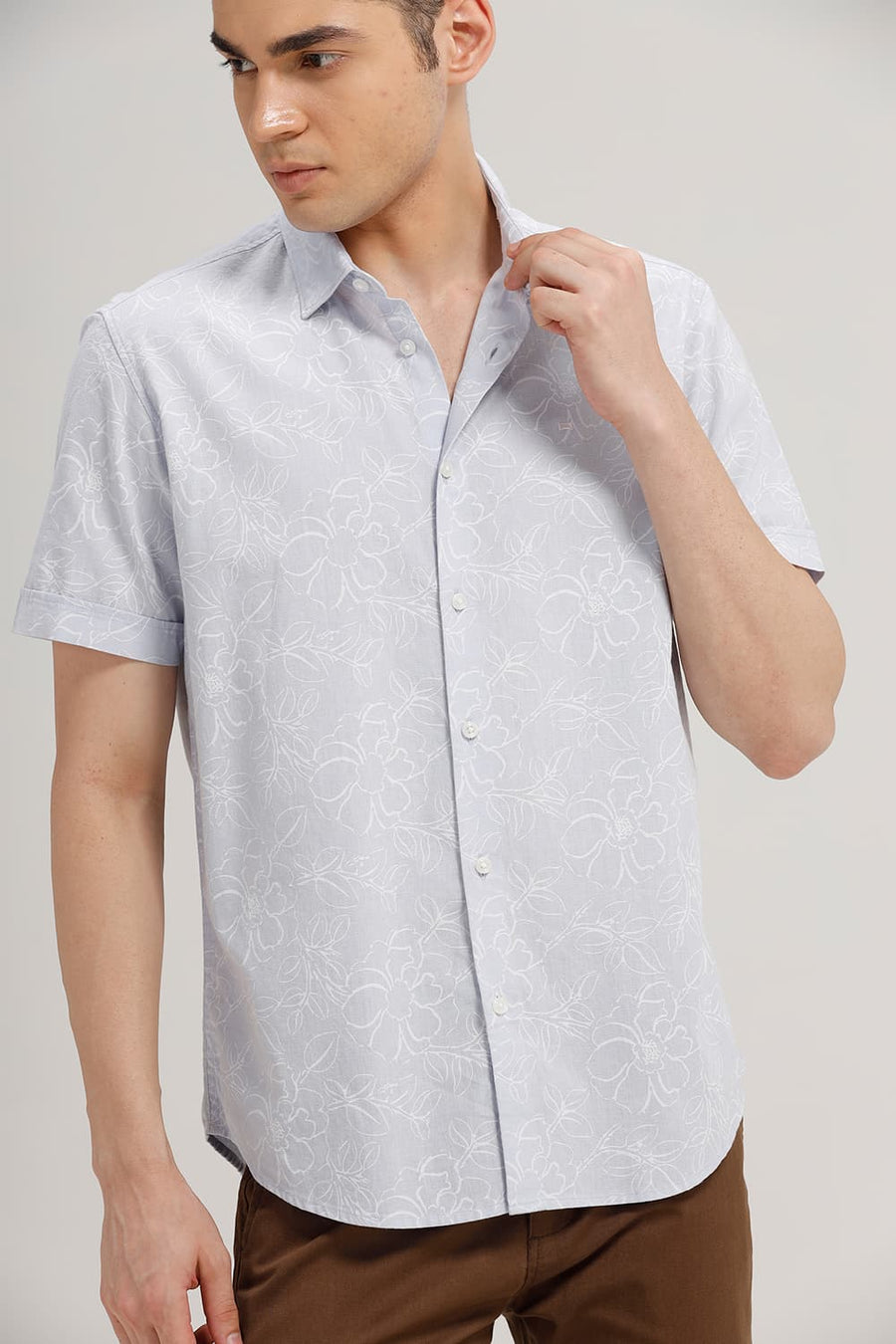 BASICS SLIM FIT ANCIENT BLUE COTTON LINEN PRINTED HALFSLEEVES SHIRT