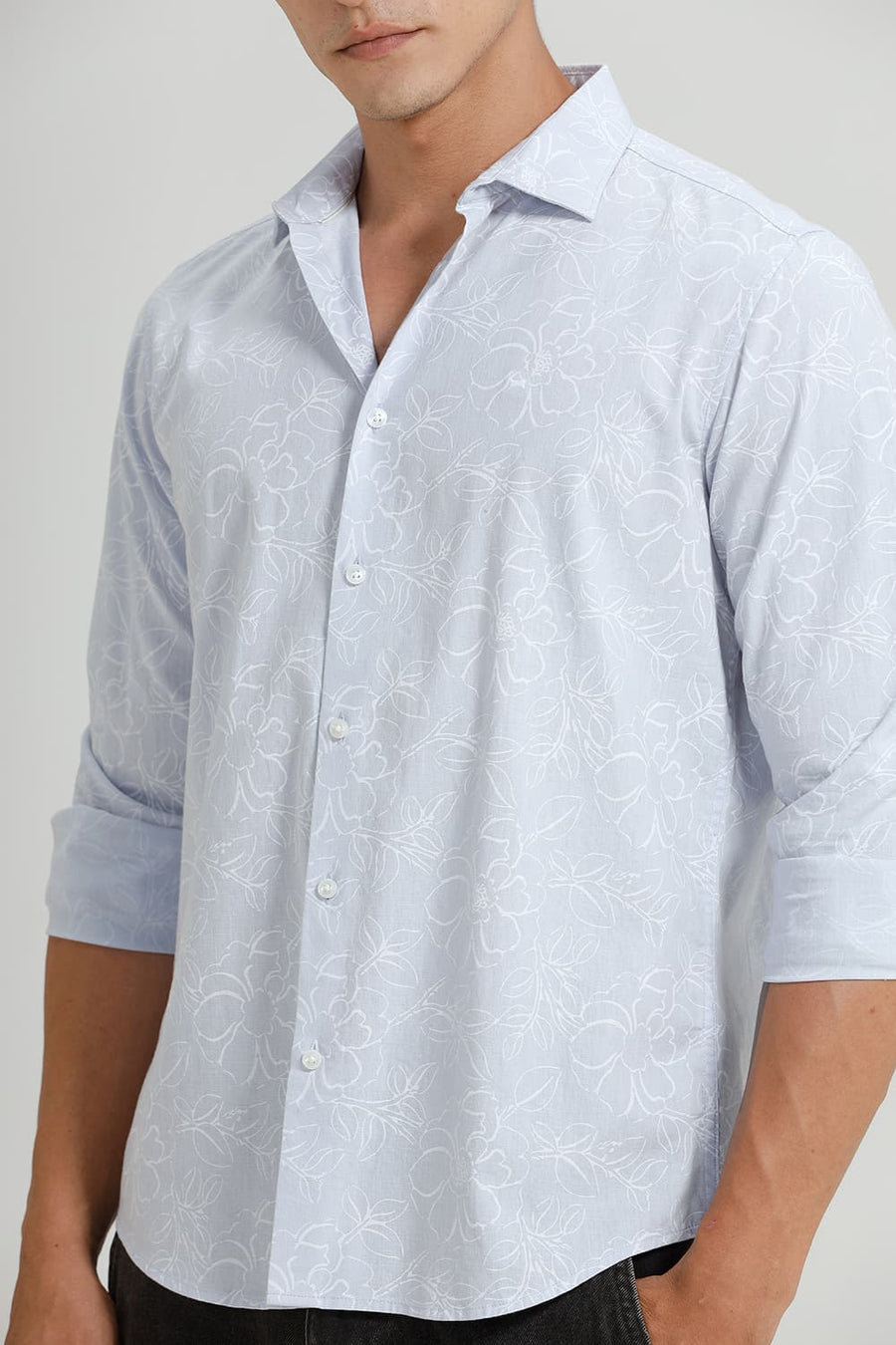 BASICS SLIM FIT ANCIENT BLUE COTTON LINEN PRINTED SHIRT