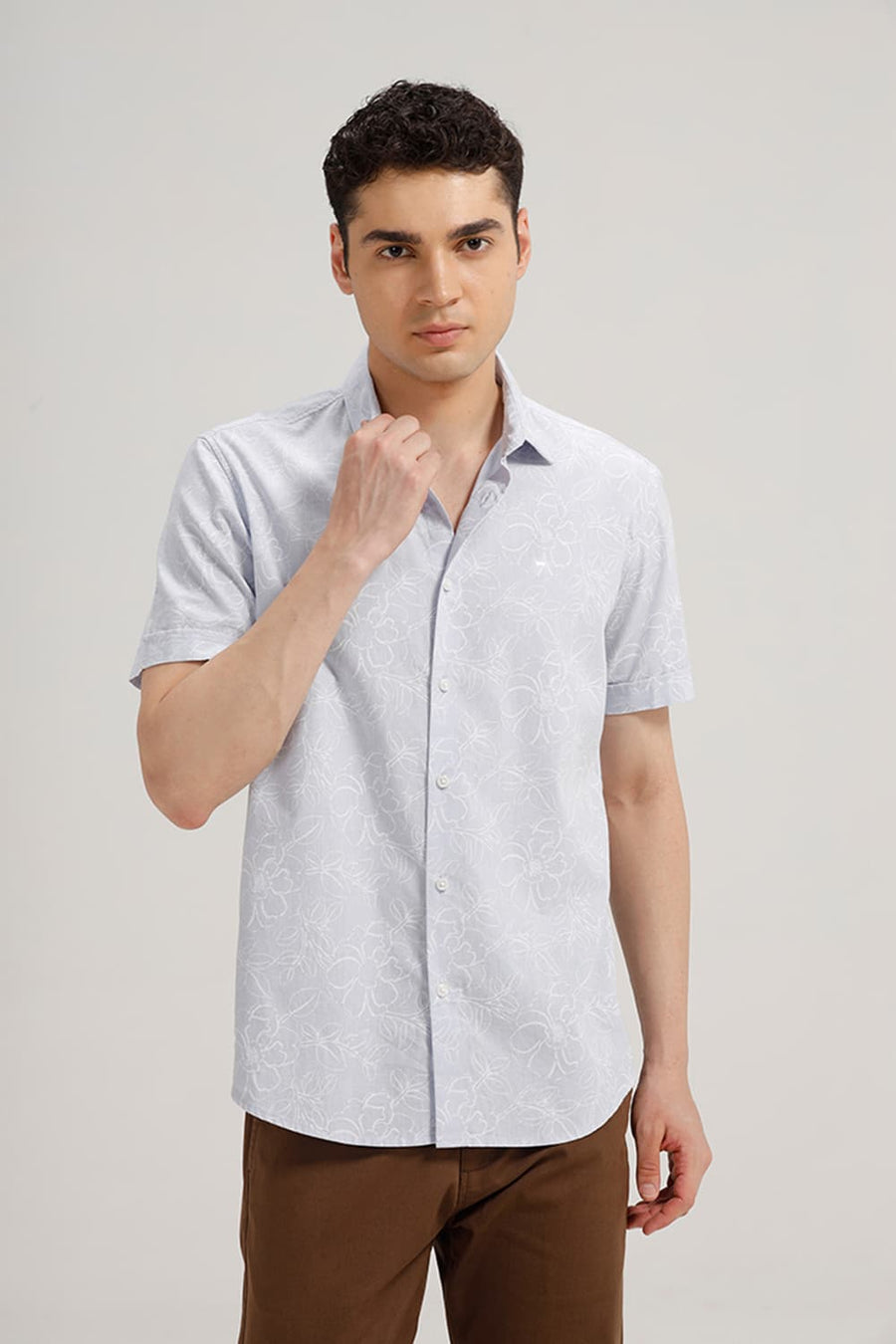BASICS SLIM FIT ANCIENT BLUE COTTON LINEN PRINTED HALFSLEEVES SHIRT