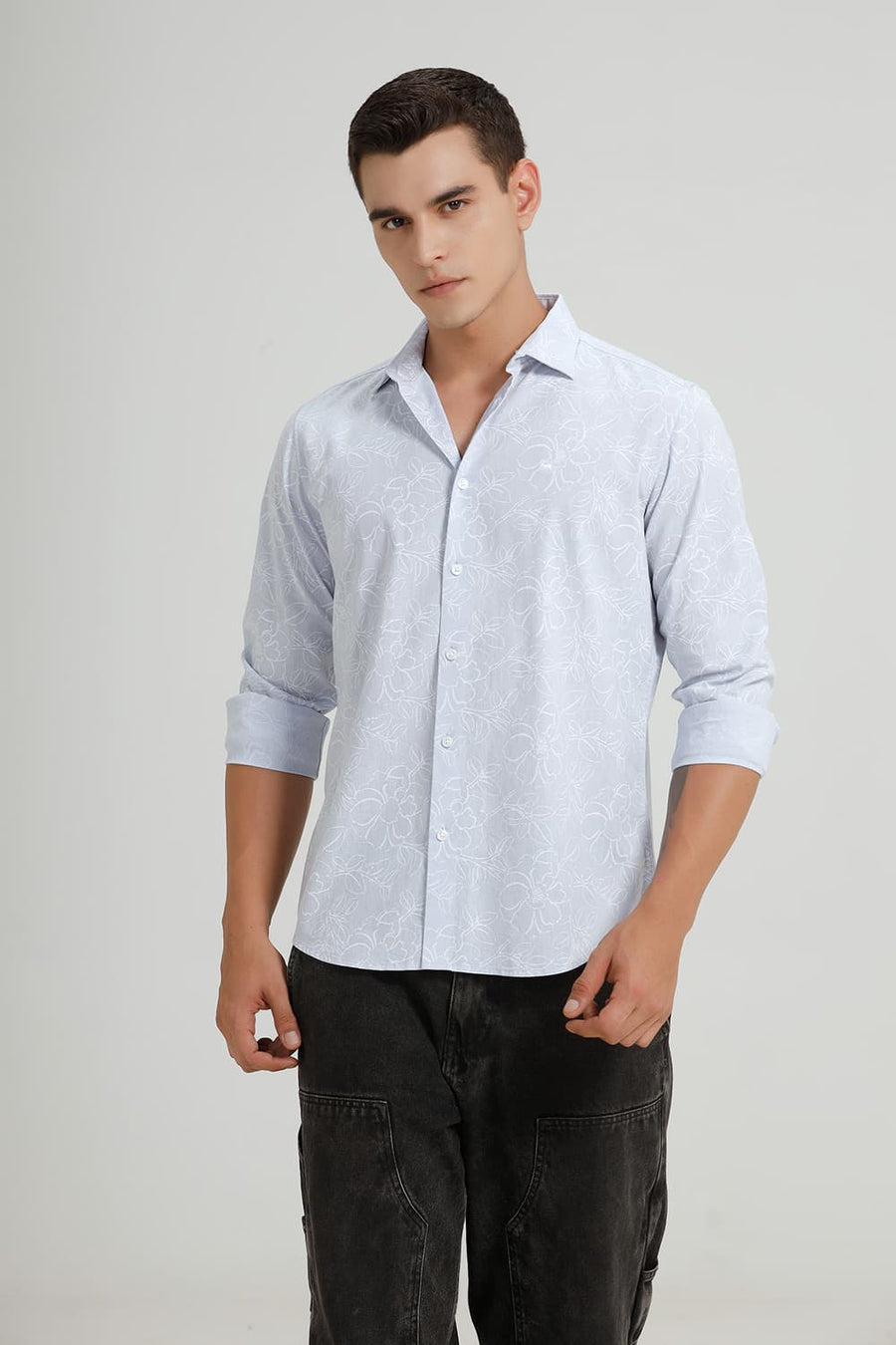BASICS SLIM FIT ANCIENT BLUE COTTON LINEN PRINTED SHIRT