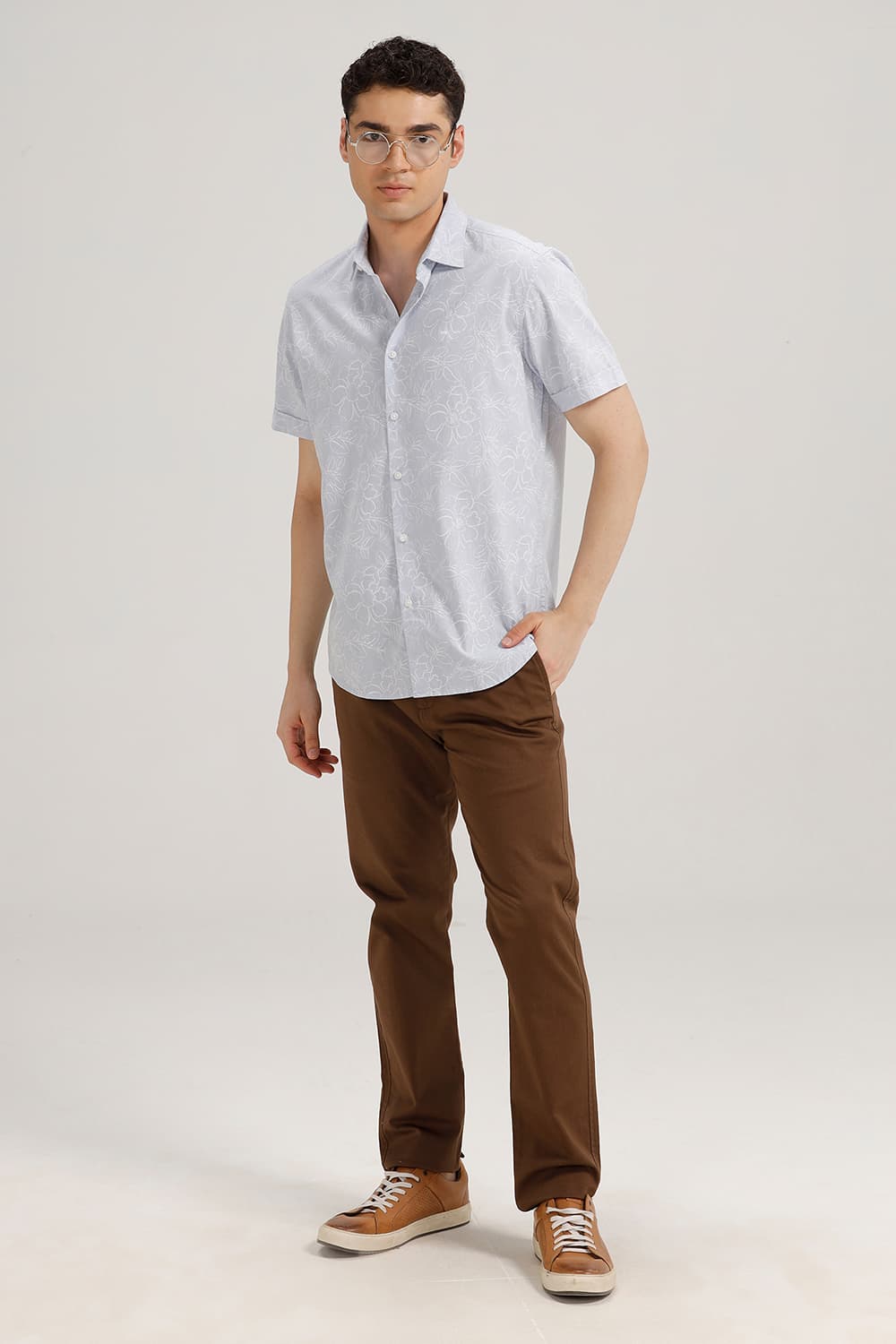 SLIM FIT COTTON LINEN PRINTED HALFSLEEVES SHIRT