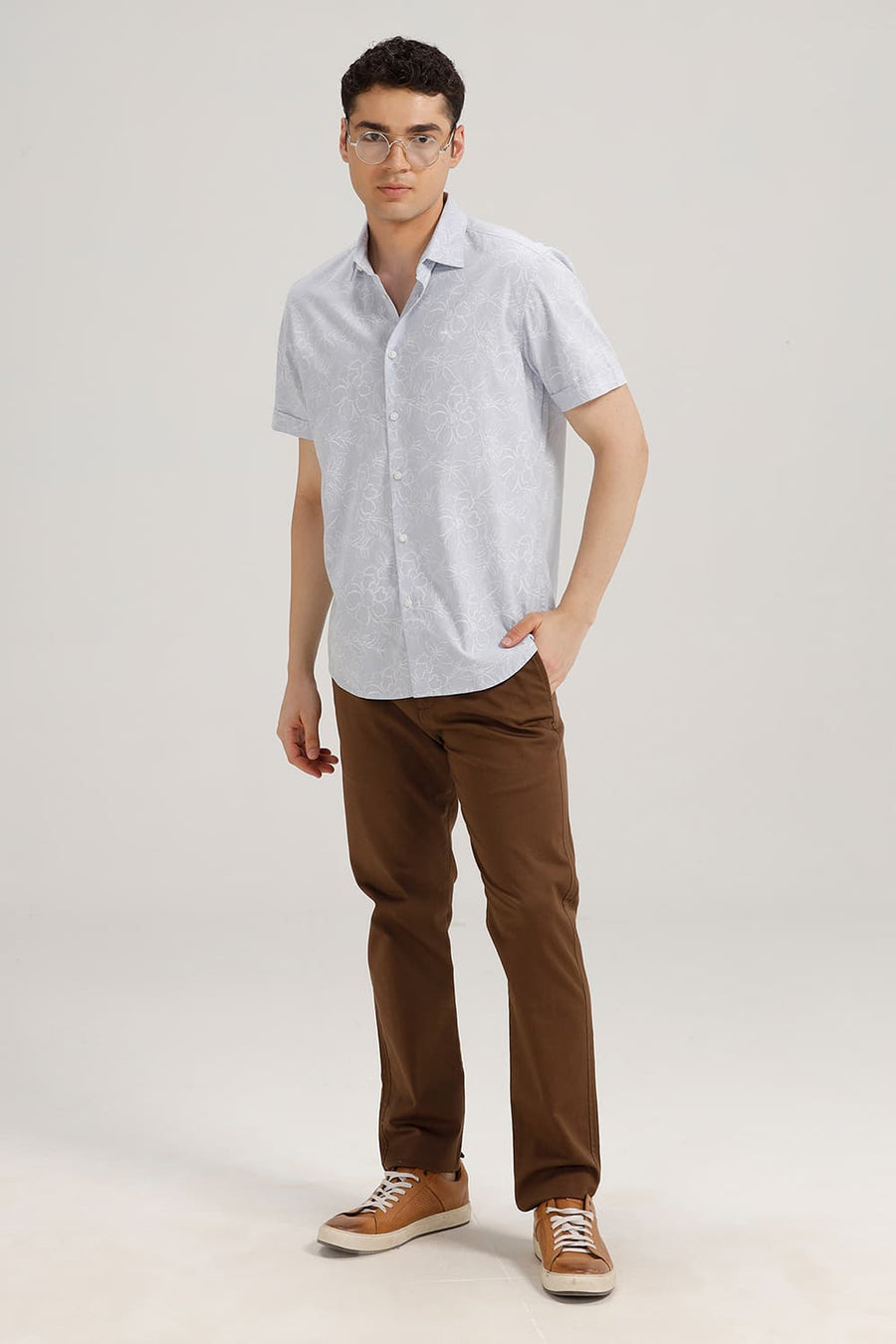 BASICS SLIM FIT ANCIENT BLUE COTTON LINEN PRINTED HALFSLEEVES SHIRT