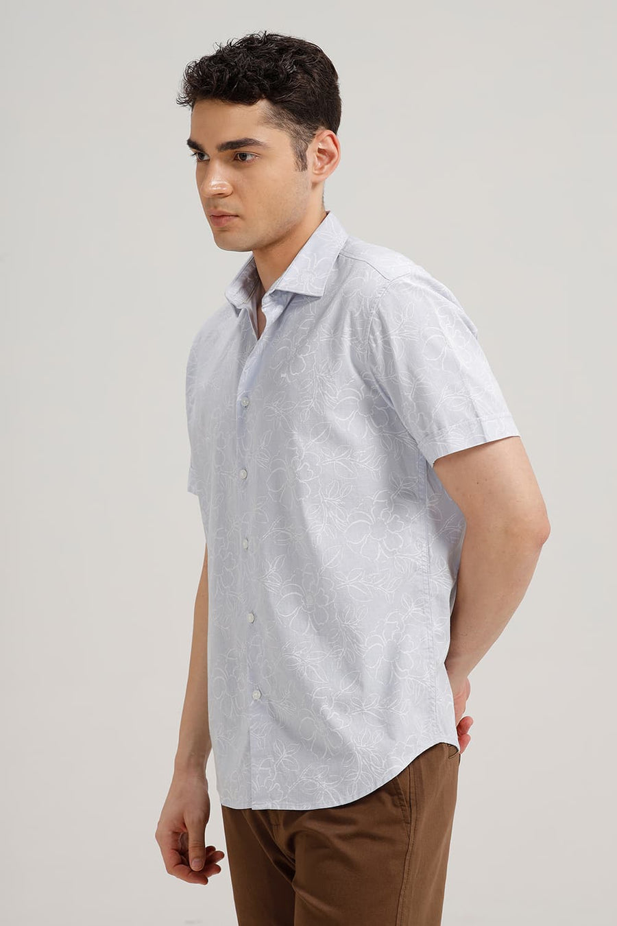 BASICS SLIM FIT ANCIENT BLUE COTTON LINEN PRINTED HALFSLEEVES SHIRT