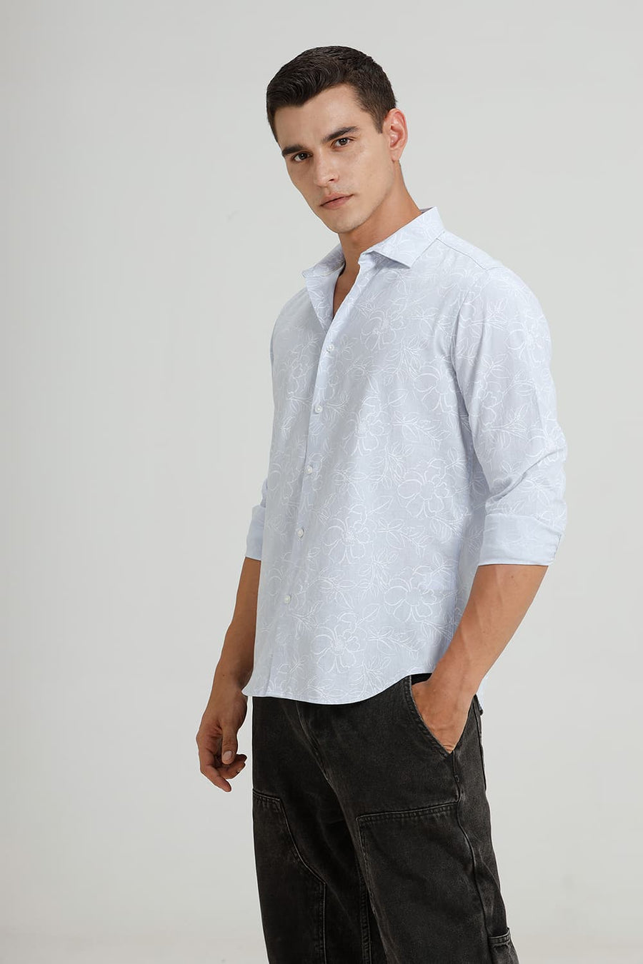 BASICS SLIM FIT ANCIENT BLUE COTTON LINEN PRINTED SHIRT