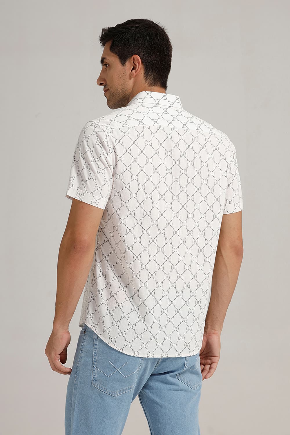 SLIM FIT COTTON LINEN PRINTED HALFSLEEVES SHIRT