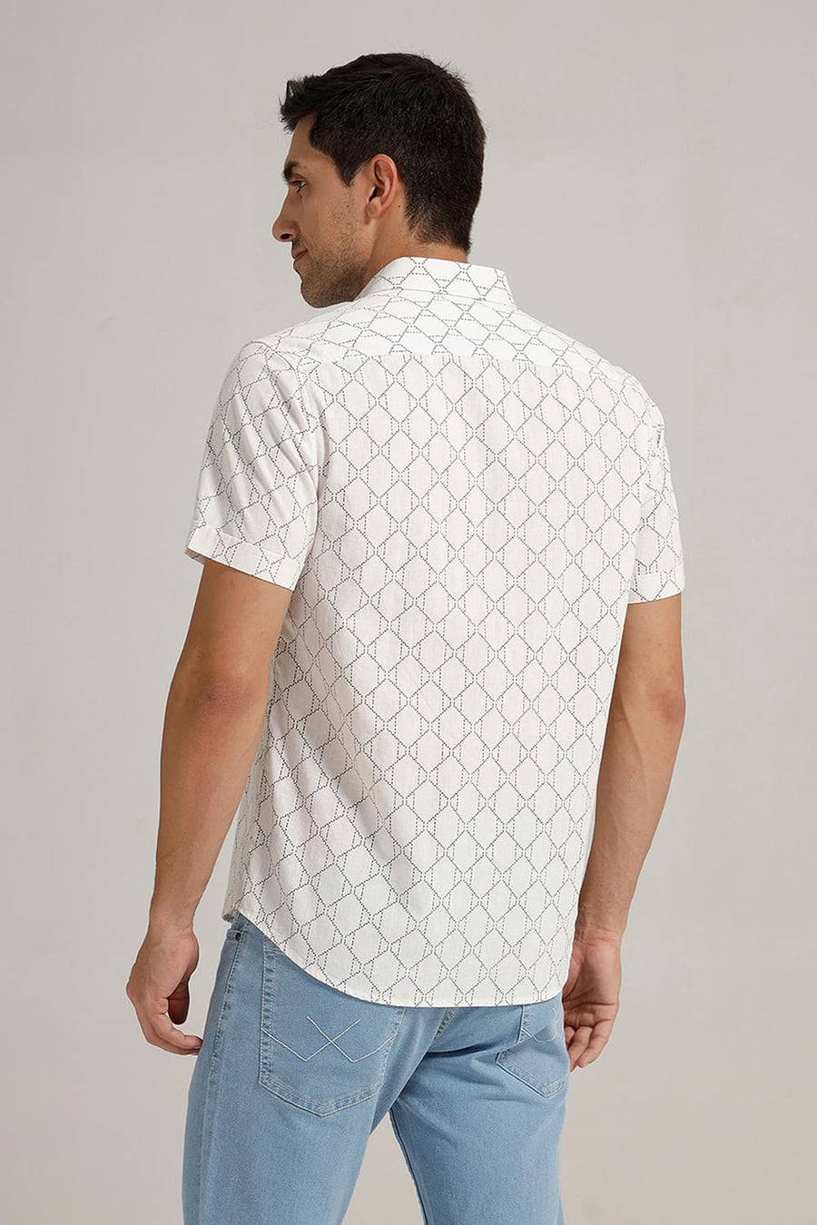 BASICS SLIM FIT MARSHMALLOW ECRU COTTON LINEN PRINTED HALFSLEEVES SHIRT