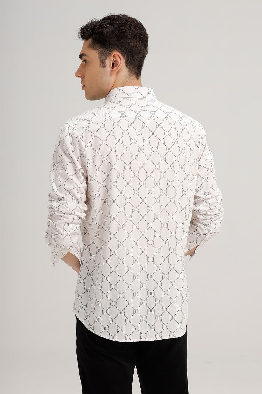 BASICS SLIM FIT MARSHMALLOW ECRU COTTON LINEN PRINTED SHIRT