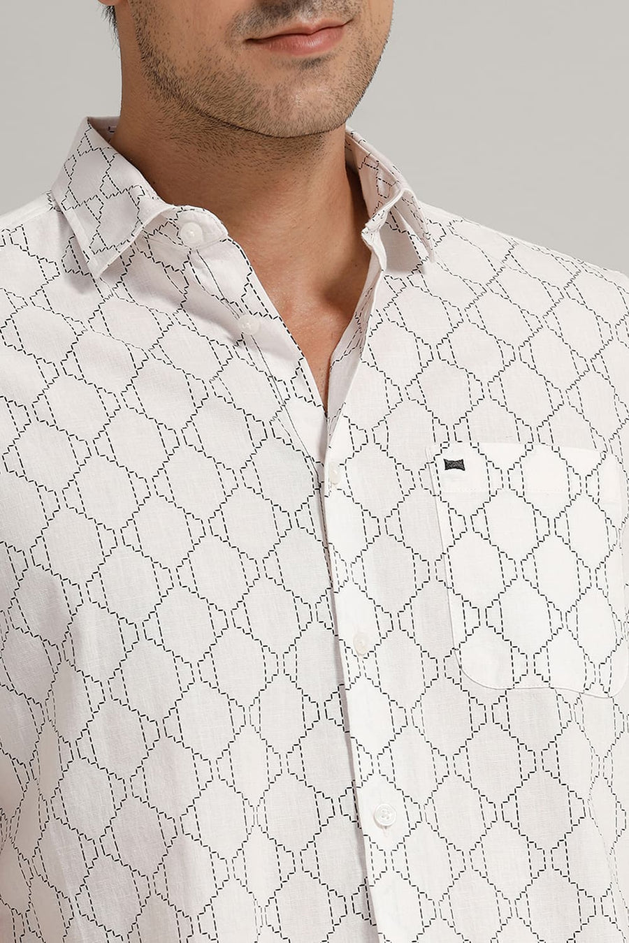 BASICS SLIM FIT MARSHMALLOW ECRU COTTON LINEN PRINTED HALFSLEEVES SHIRT