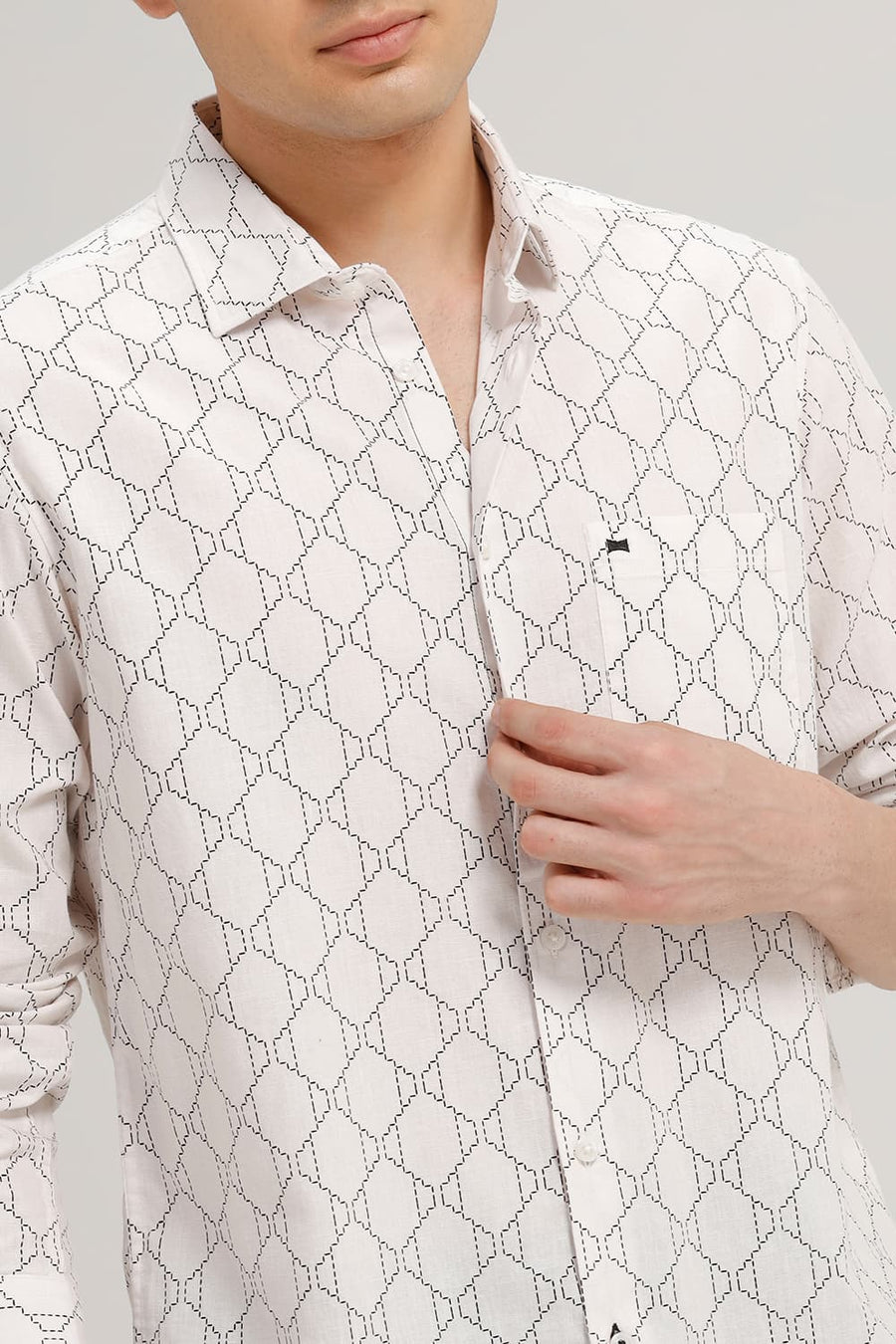 BASICS SLIM FIT MARSHMALLOW ECRU COTTON LINEN PRINTED SHIRT