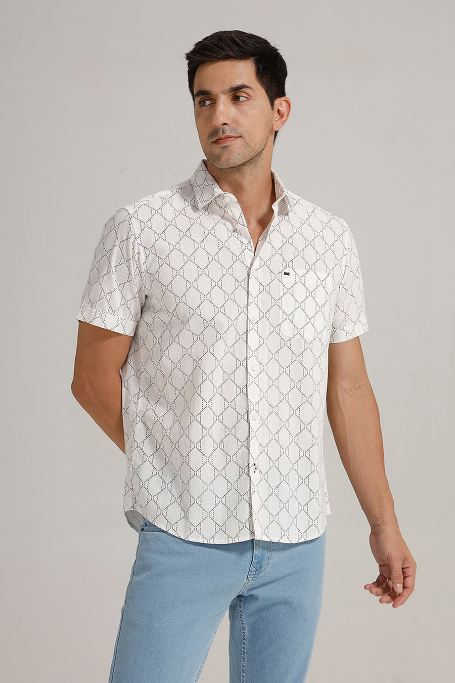 BASICS SLIM FIT MARSHMALLOW ECRU COTTON LINEN PRINTED HALFSLEEVES SHIRT