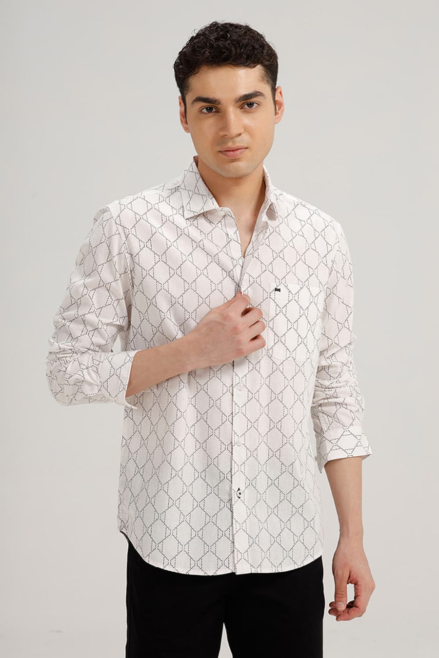 BASICS SLIM FIT MARSHMALLOW ECRU COTTON LINEN PRINTED SHIRT