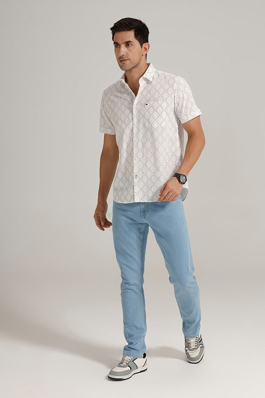 BASICS SLIM FIT MARSHMALLOW ECRU COTTON LINEN PRINTED HALFSLEEVES SHIRT