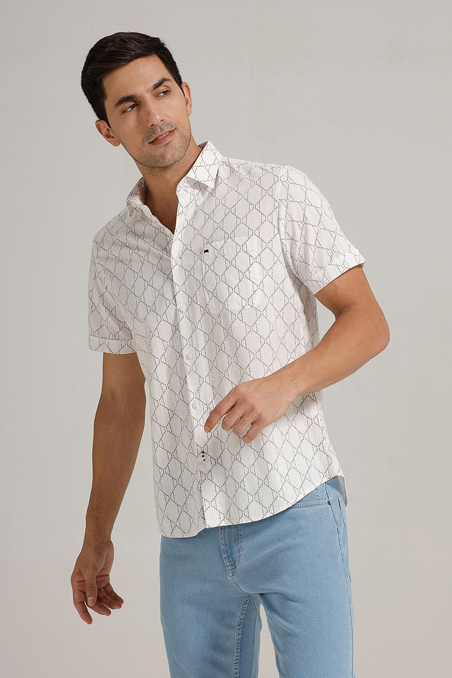 BASICS SLIM FIT MARSHMALLOW ECRU COTTON LINEN PRINTED HALFSLEEVES SHIRT