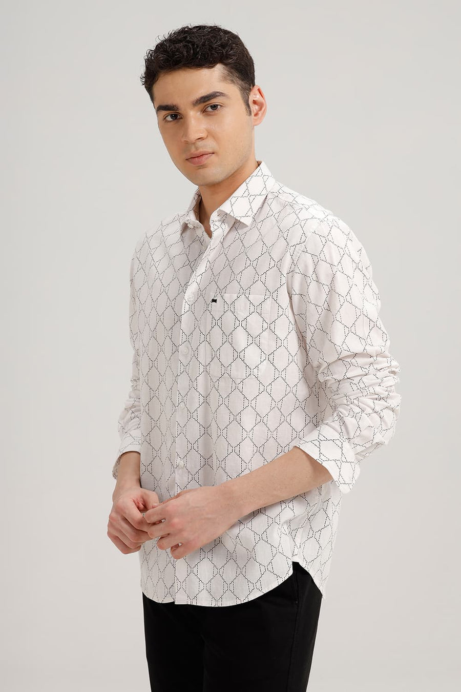 BASICS SLIM FIT MARSHMALLOW ECRU COTTON LINEN PRINTED SHIRT