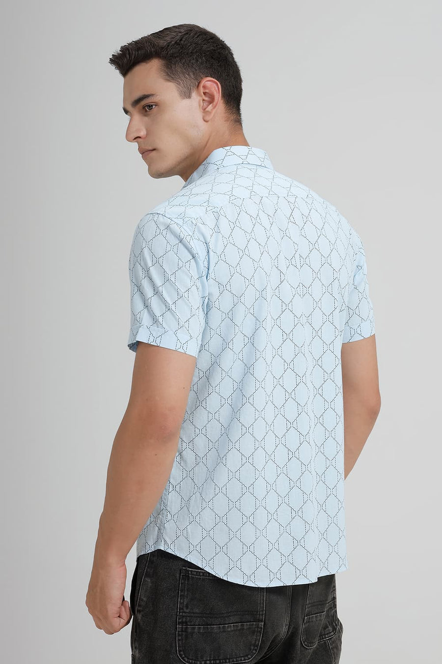 BASICS SLIM FIT BLUE AQUA COTTON LINEN PRINTED HALFSLEEVES SHIRT