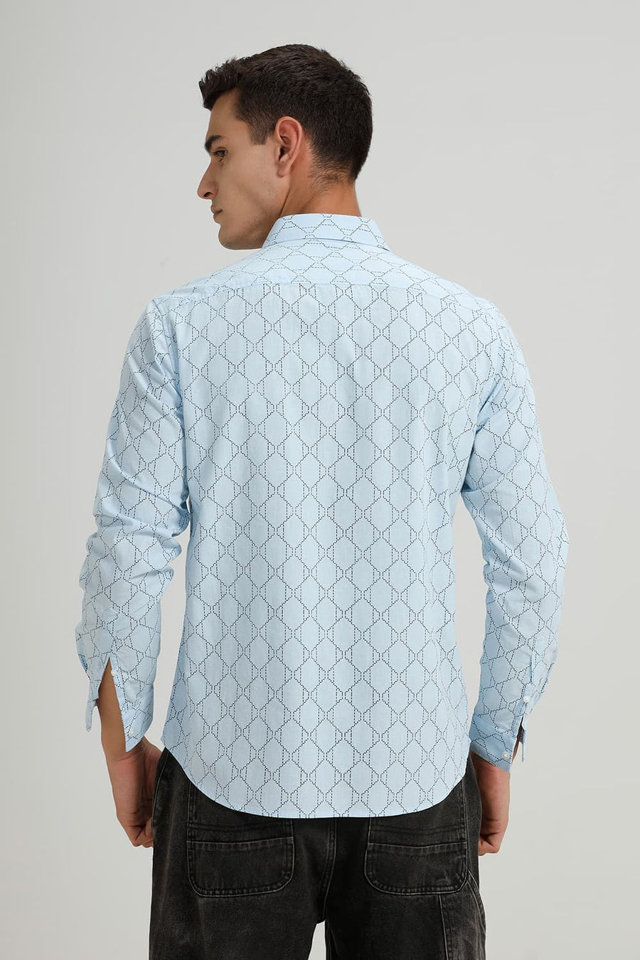BASICS SLIM FIT BLUE AQUA COTTON LINEN PRINTED SHIRT
