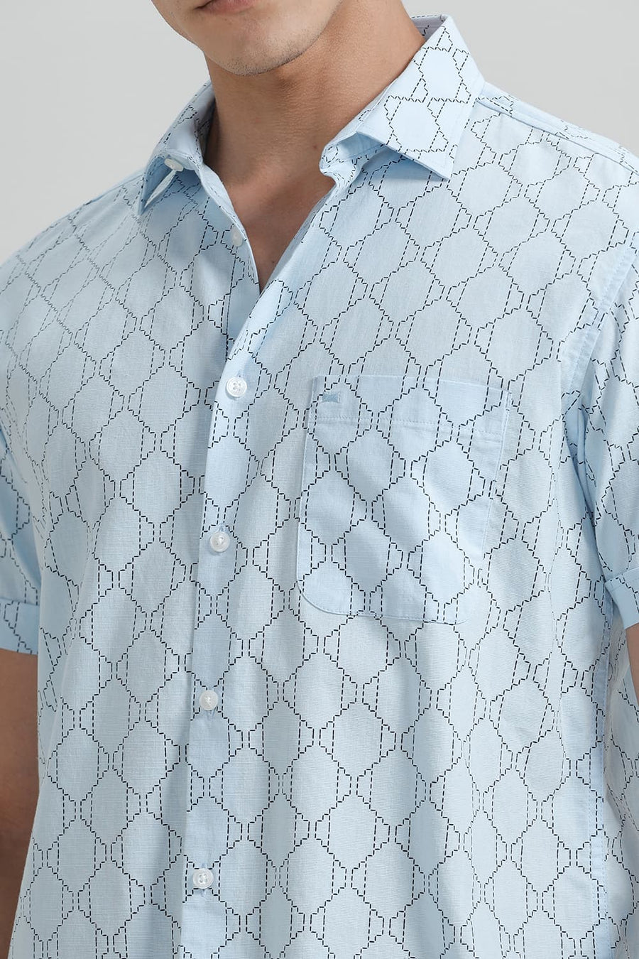 BASICS SLIM FIT BLUE AQUA COTTON LINEN PRINTED HALFSLEEVES SHIRT