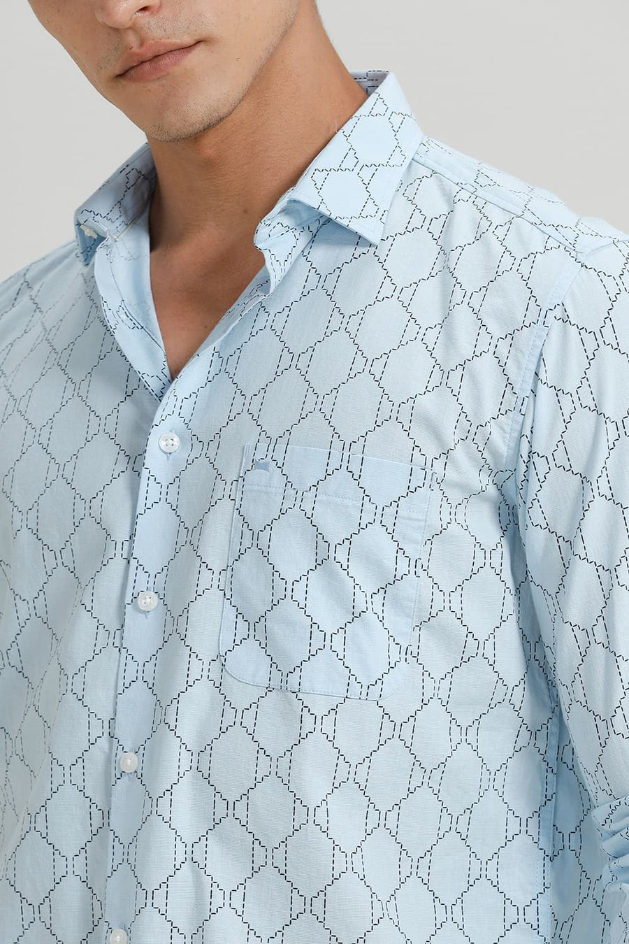 BASICS SLIM FIT BLUE AQUA COTTON LINEN PRINTED SHIRT