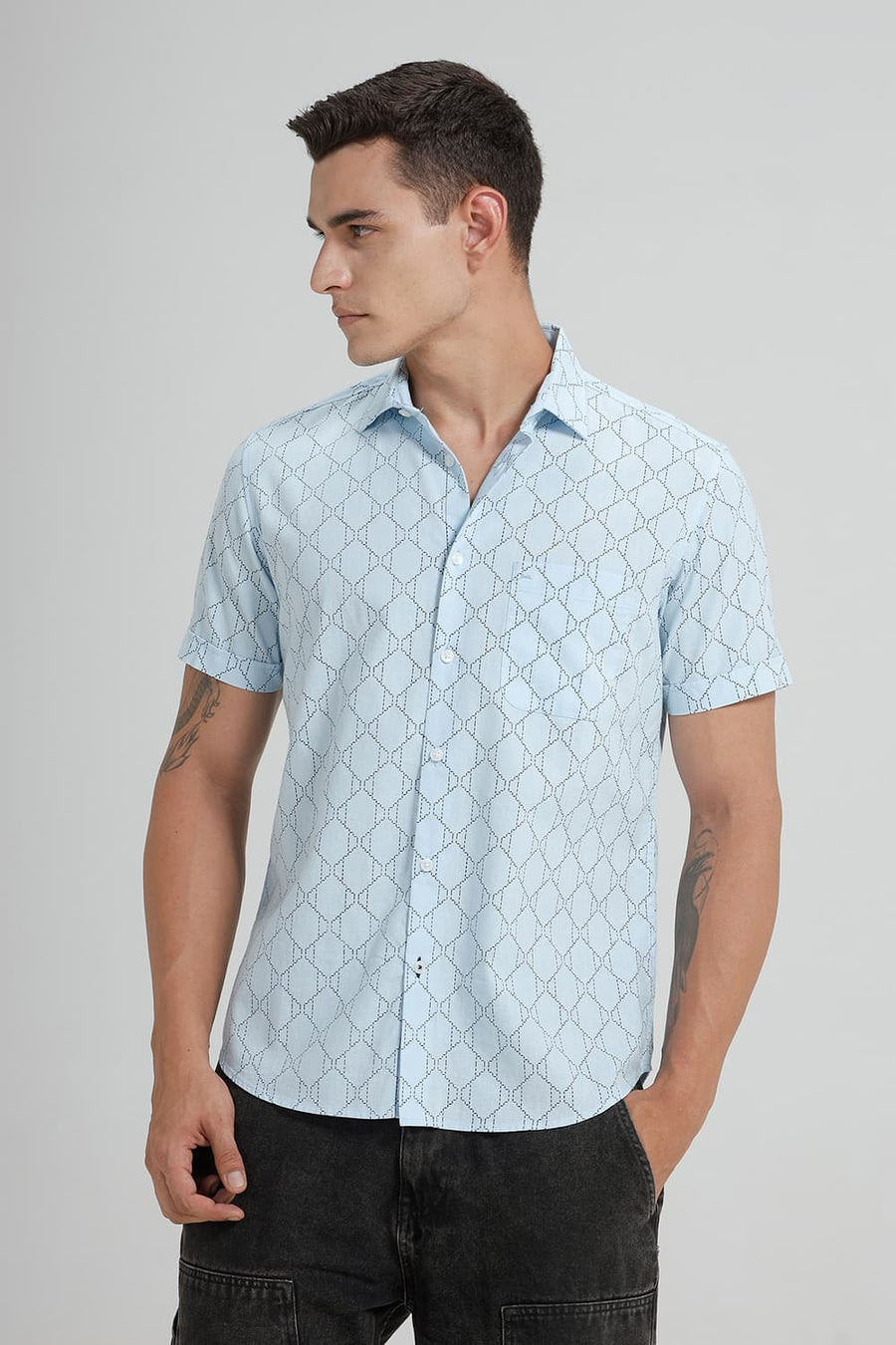 BASICS SLIM FIT BLUE AQUA COTTON LINEN PRINTED HALFSLEEVES SHIRT
