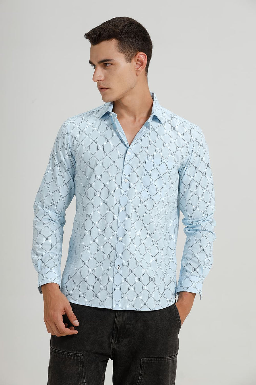 BASICS SLIM FIT BLUE AQUA COTTON LINEN PRINTED SHIRT