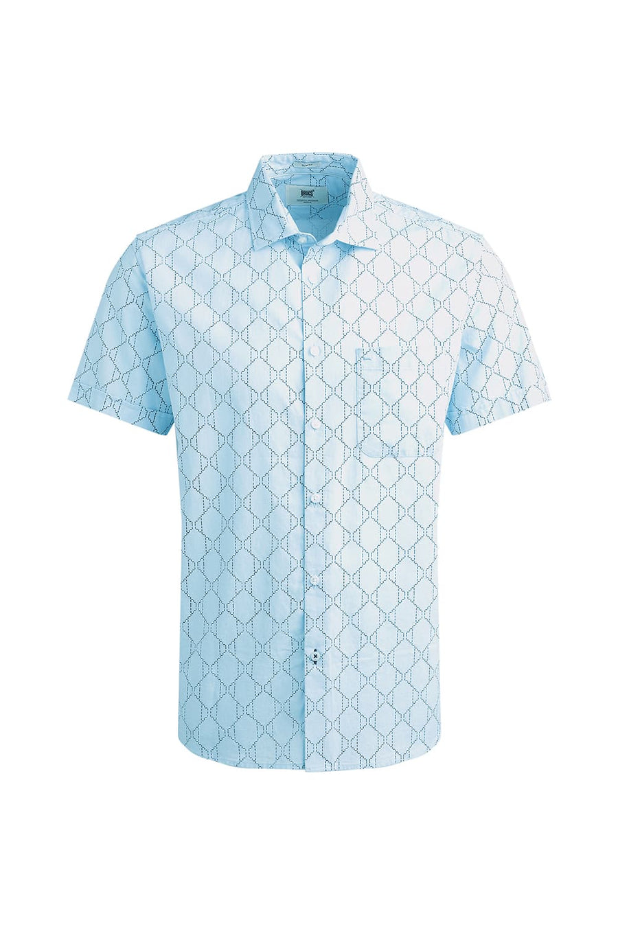 BASICS SLIM FIT BLUE AQUA COTTON LINEN PRINTED HALFSLEEVES SHIRT