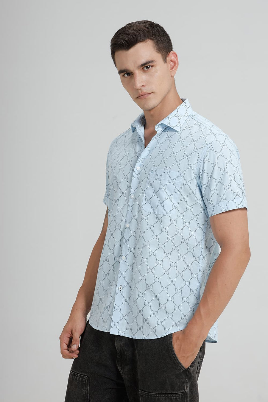 BASICS SLIM FIT BLUE AQUA COTTON LINEN PRINTED HALFSLEEVES SHIRT
