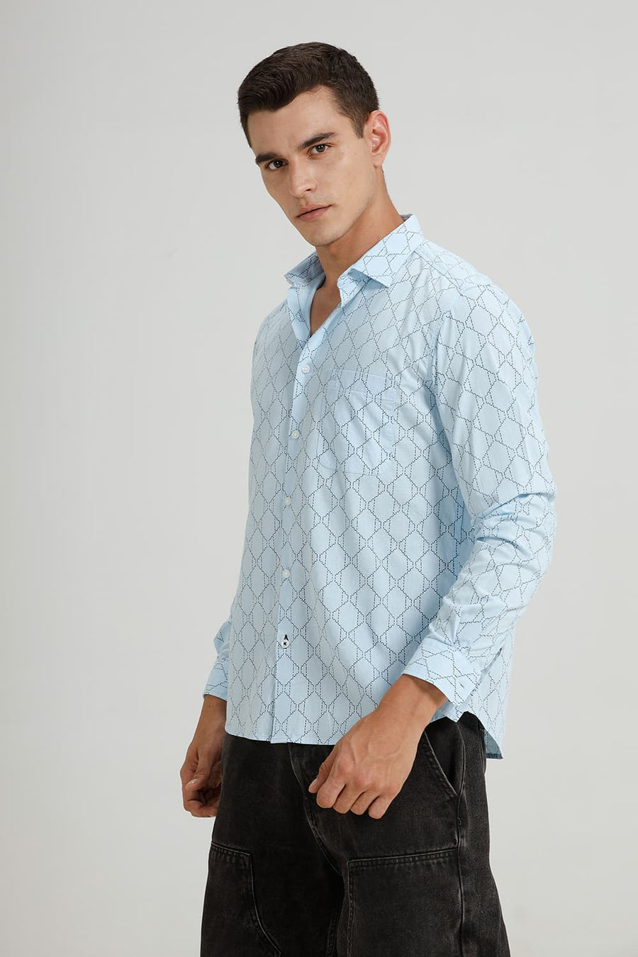 BASICS SLIM FIT BLUE AQUA COTTON LINEN PRINTED SHIRT