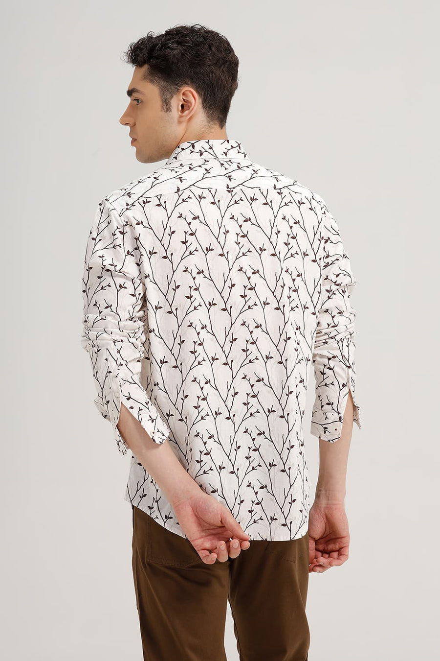 BASICS SLIM FIT PRISTINE ECRU COTTON LINEN PRINTED SHIRT