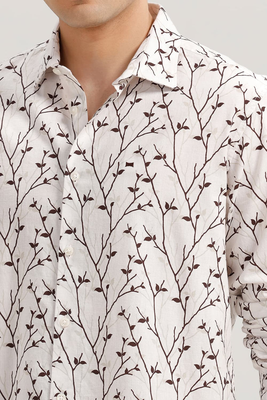 BASICS SLIM FIT PRISTINE ECRU COTTON LINEN PRINTED SHIRT