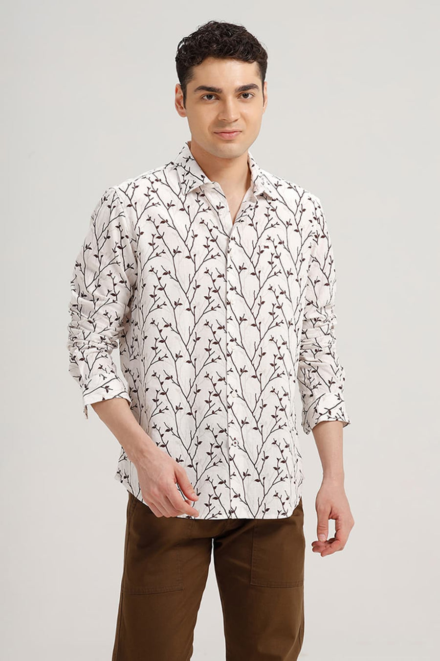 BASICS SLIM FIT PRISTINE ECRU COTTON LINEN PRINTED SHIRT