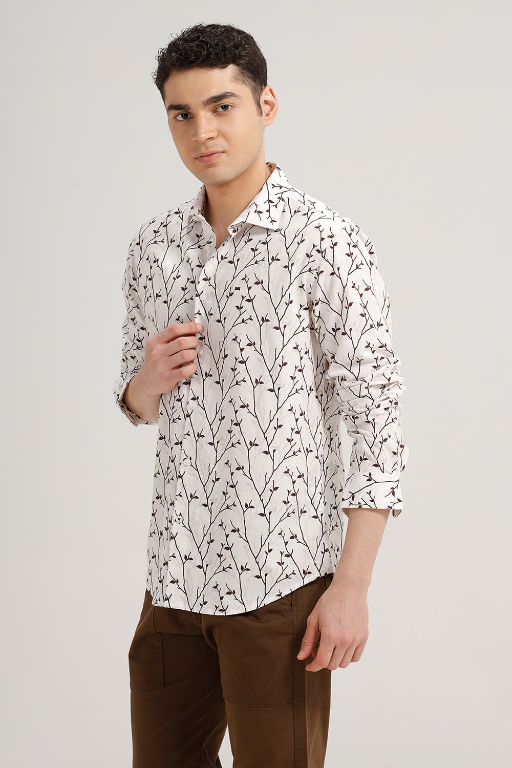 SLIM FIT COTTON LINEN PRINTED SHIRT