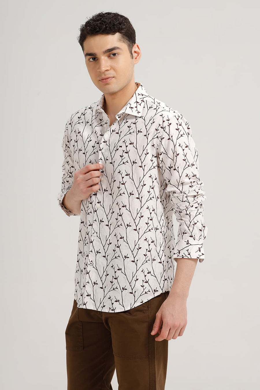 BASICS SLIM FIT PRISTINE ECRU COTTON LINEN PRINTED SHIRT