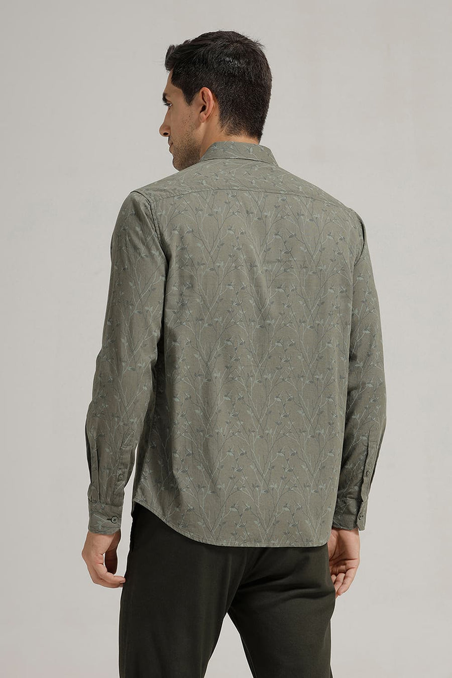 BASICS SLIM FIT MARTINI OLIVE COTTON LINEN PRINTED SHIRT