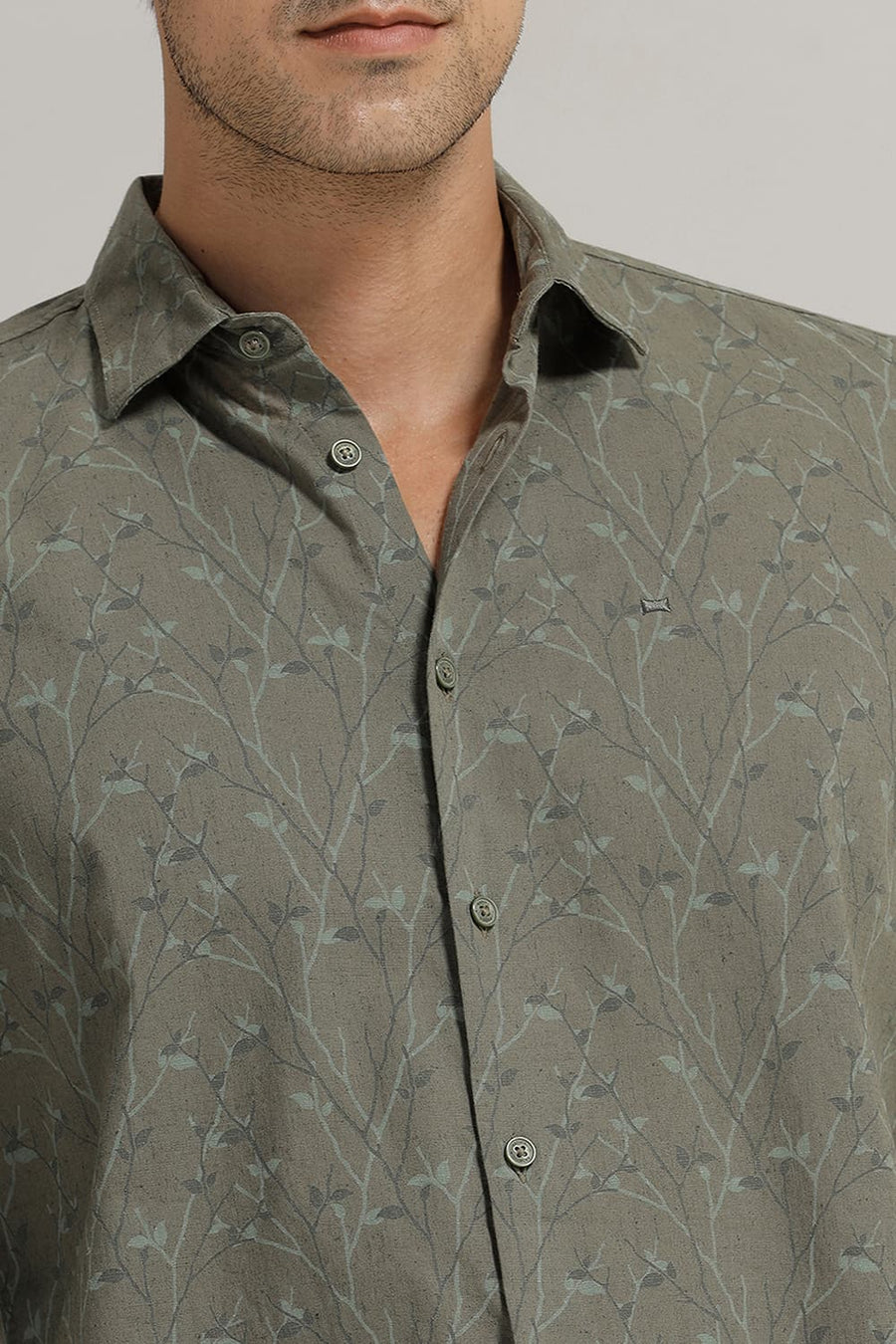 BASICS SLIM FIT MARTINI OLIVE COTTON LINEN PRINTED SHIRT