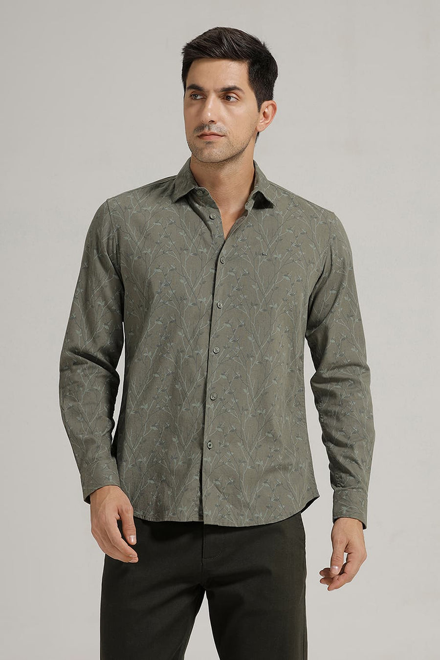 BASICS SLIM FIT MARTINI OLIVE COTTON LINEN PRINTED SHIRT