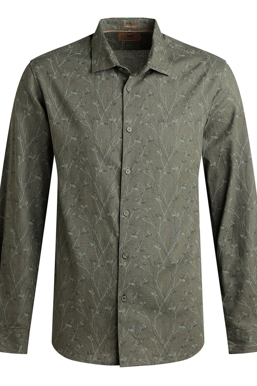 BASICS SLIM FIT MARTINI OLIVE COTTON LINEN PRINTED SHIRT