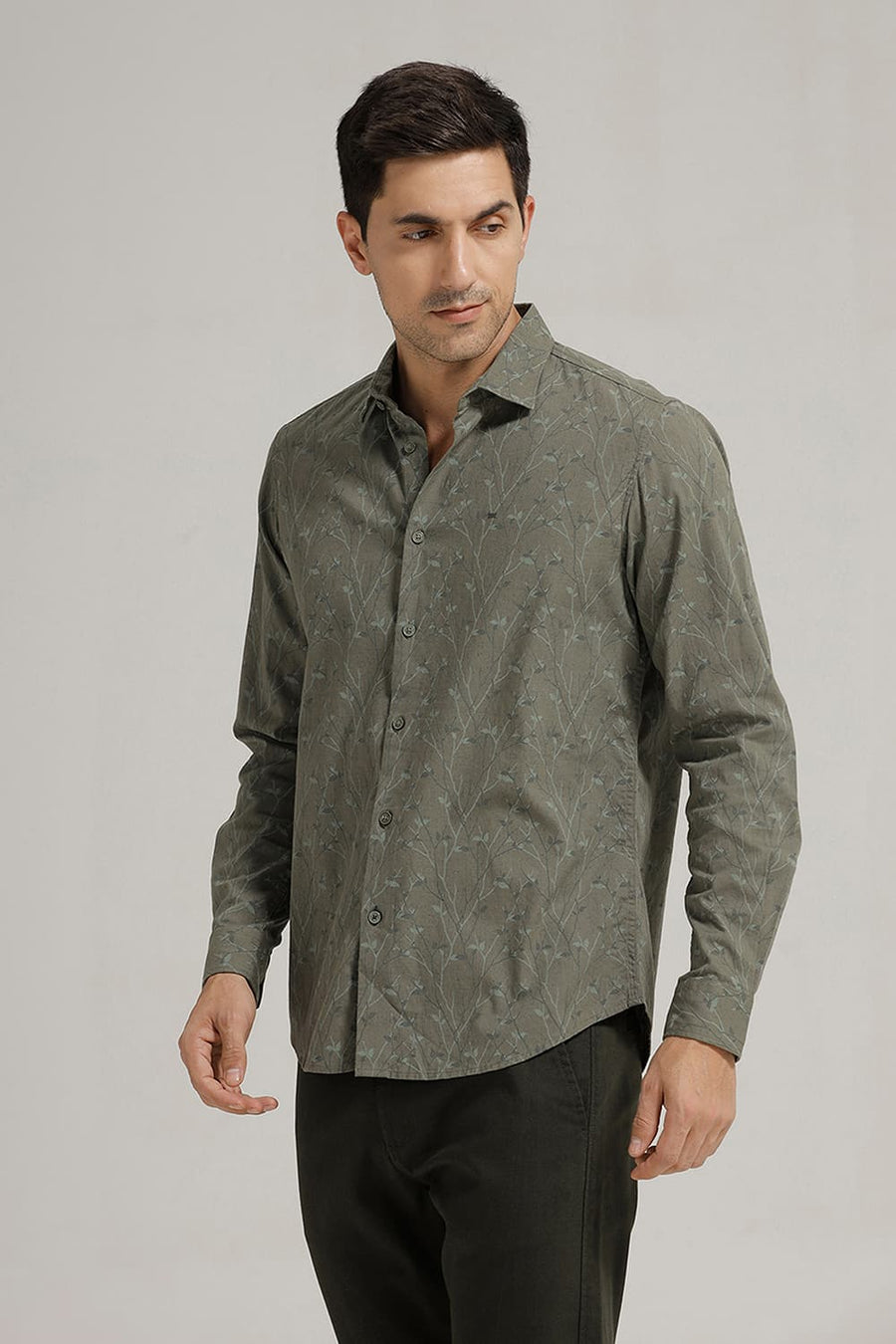 BASICS SLIM FIT MARTINI OLIVE COTTON LINEN PRINTED SHIRT