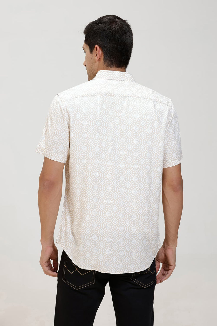 BASICS SLIM FIT MACADAMIA KHAKI VISCOSE PRINTED HALFSLEEVES SHIRT